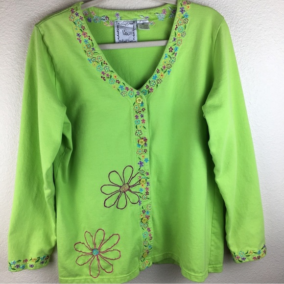 Michael Simon Lite Women's Bright Green Floral Button Front Cardigan Top Size M - Picture 8 of 15